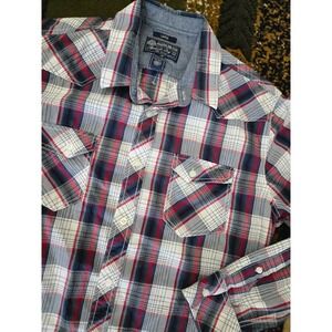 American Rag Mens Large Red White Blue Plaid Western Button Down Shirt Cotton